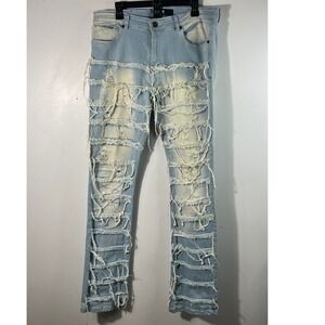 Mens‎ Focus Ripped Stack Skinny Denim Jeans Light Blue 36W 38L Cotton Spandex
